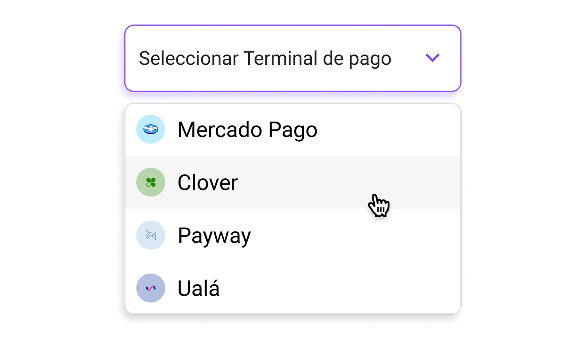 dropdown con opciones de terminales de pago